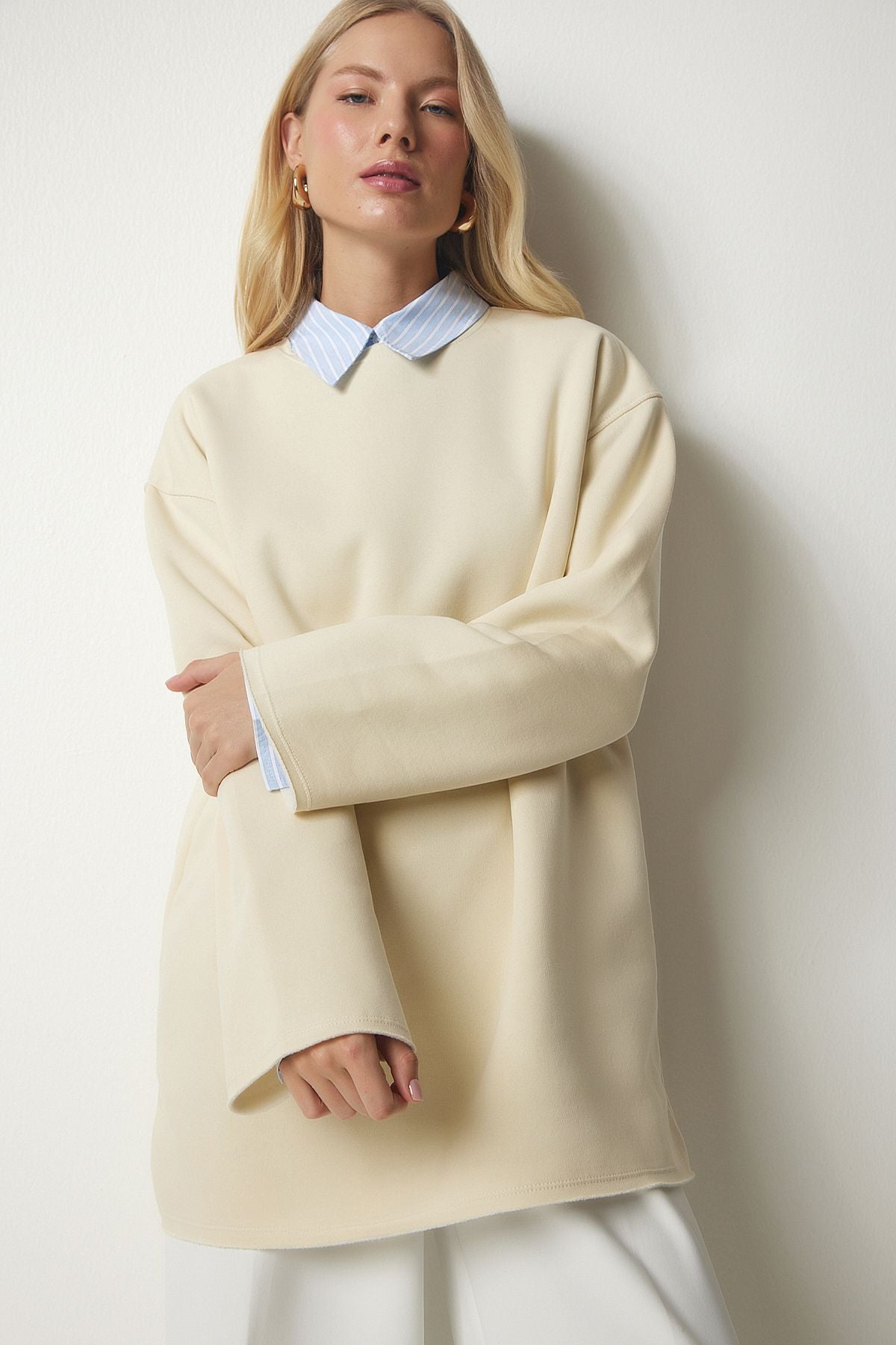 Latte Şardonlu Oversize Örme Sweatshirt NJ00131