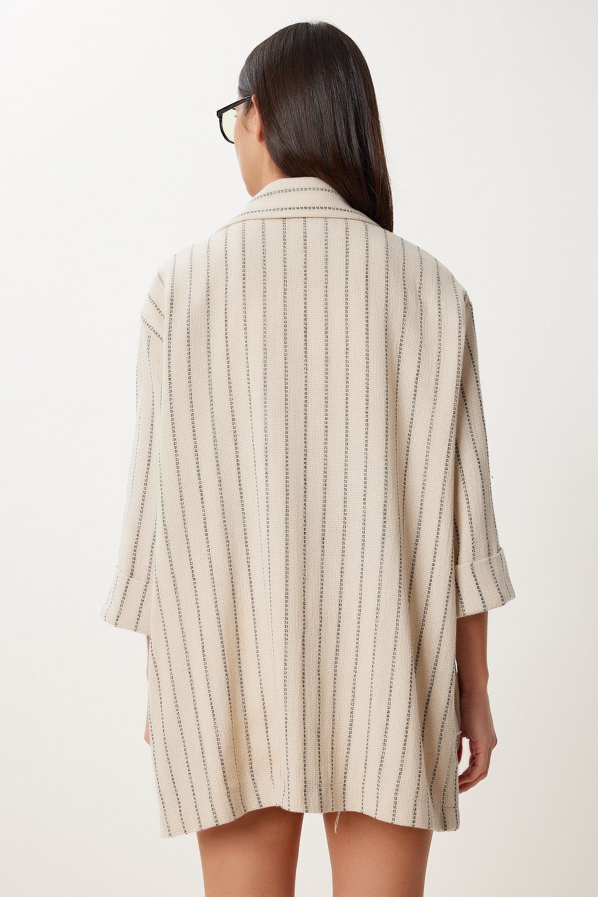 Krem Siyah Oversize Çizgili Mevsimlik Keten Ceket MX00224