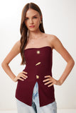 Bordo Gold Aksesuarlı Straplez Fitilli Örme Bluz ZV00331