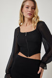 Siyah Şifon Balın Kollu Fermuarlı Crop Bluz DD01296