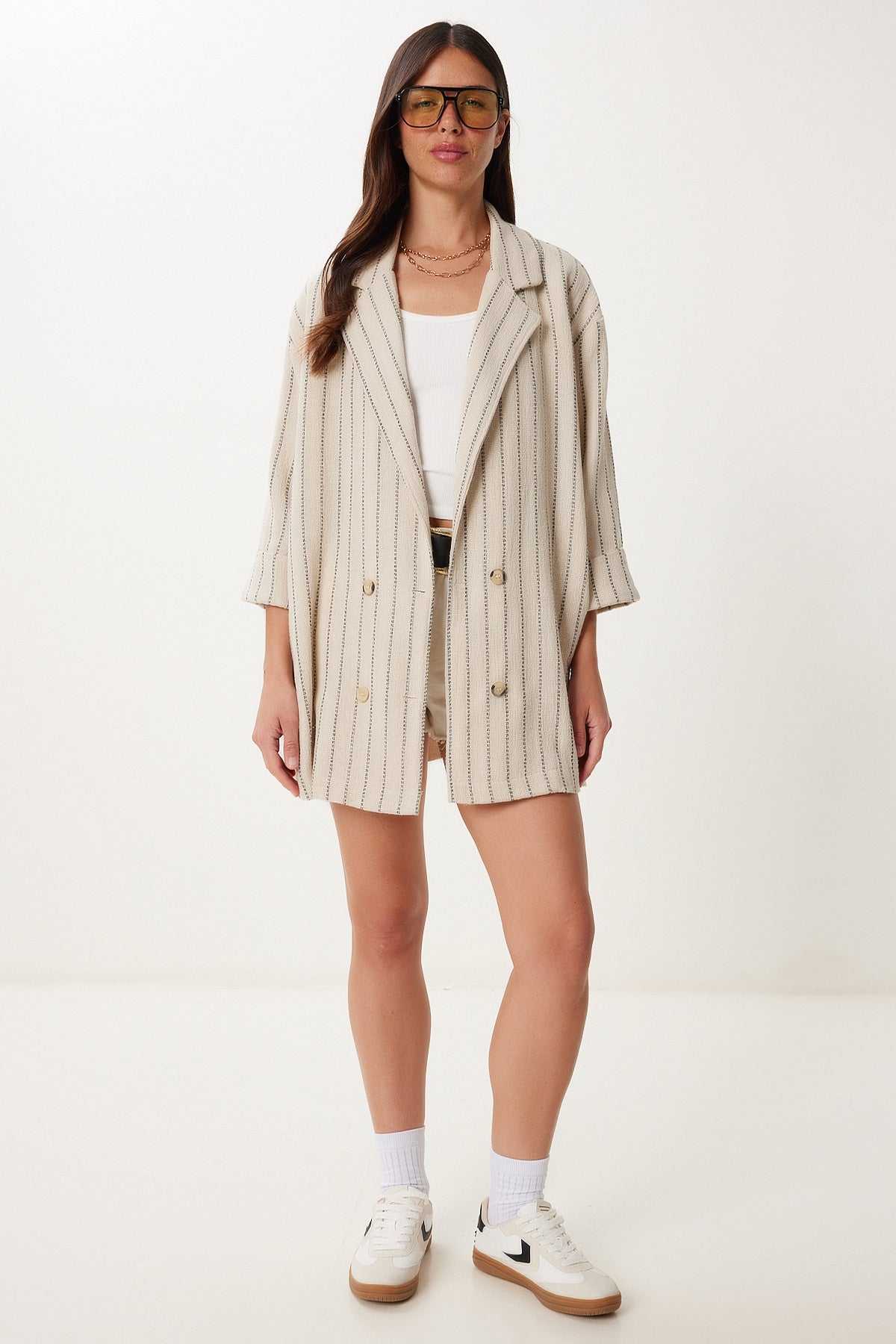 Krem Siyah Oversize Çizgili Mevsimlik Keten Ceket MX00224