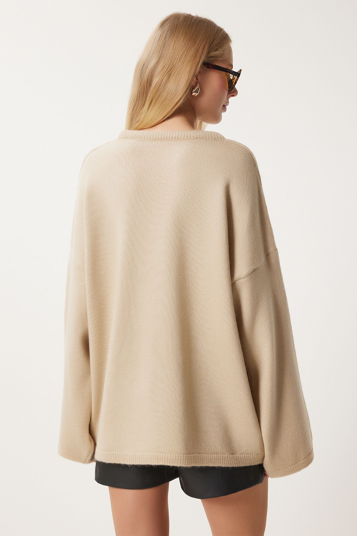 Koyu Bej Fiyonk Detaylı Oversize Triko Kazak KB00042