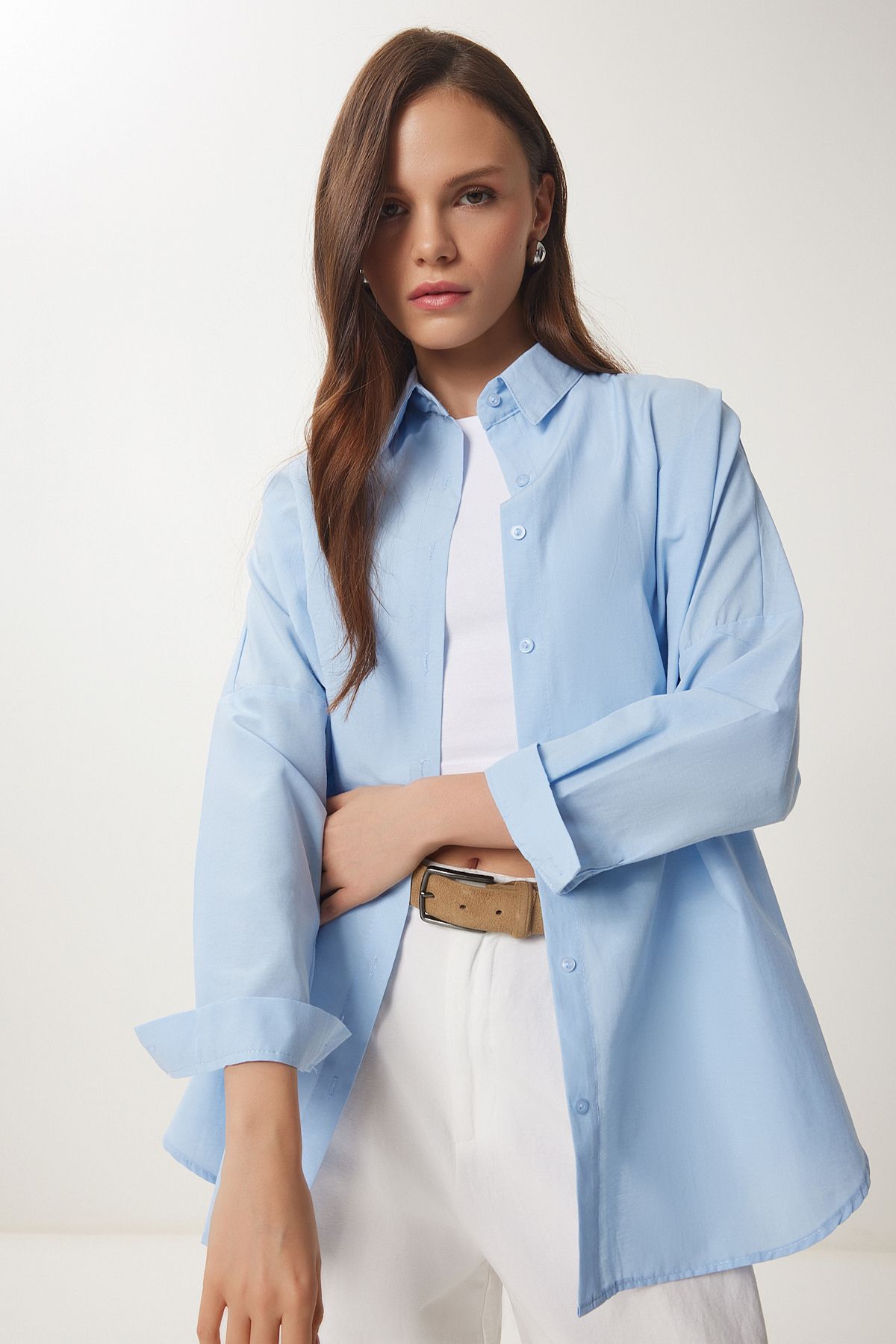 Gök Mavi Oversize Uzun Basic Gömlek DD00842