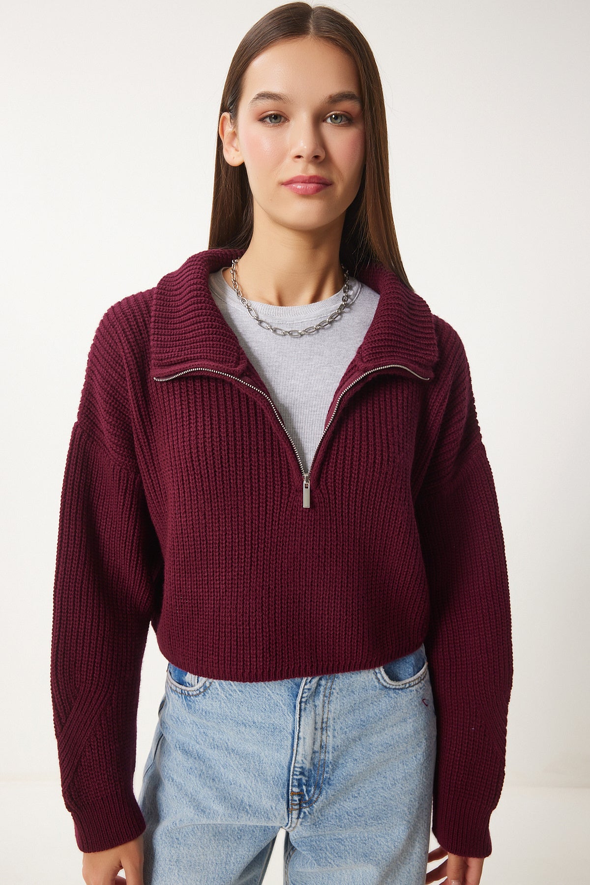 Bordo Fermuarlı Balıkçı Yaka Triko Kazak MX00124
