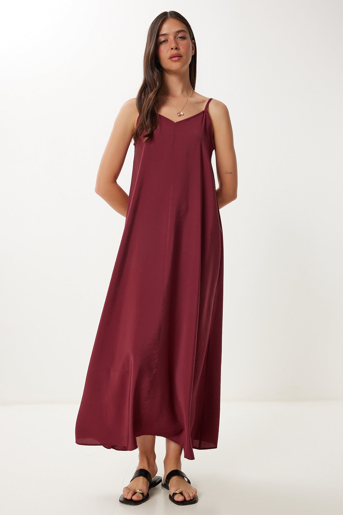 Bordo Askılı Basic Yazlık Modal Elbise FN03474