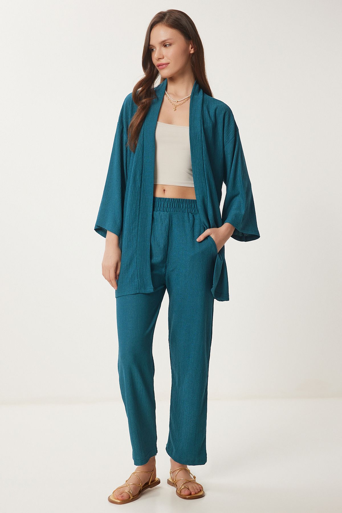 Zümrüt Yeşili Kimono Pantolon Örme Takımı BY00050