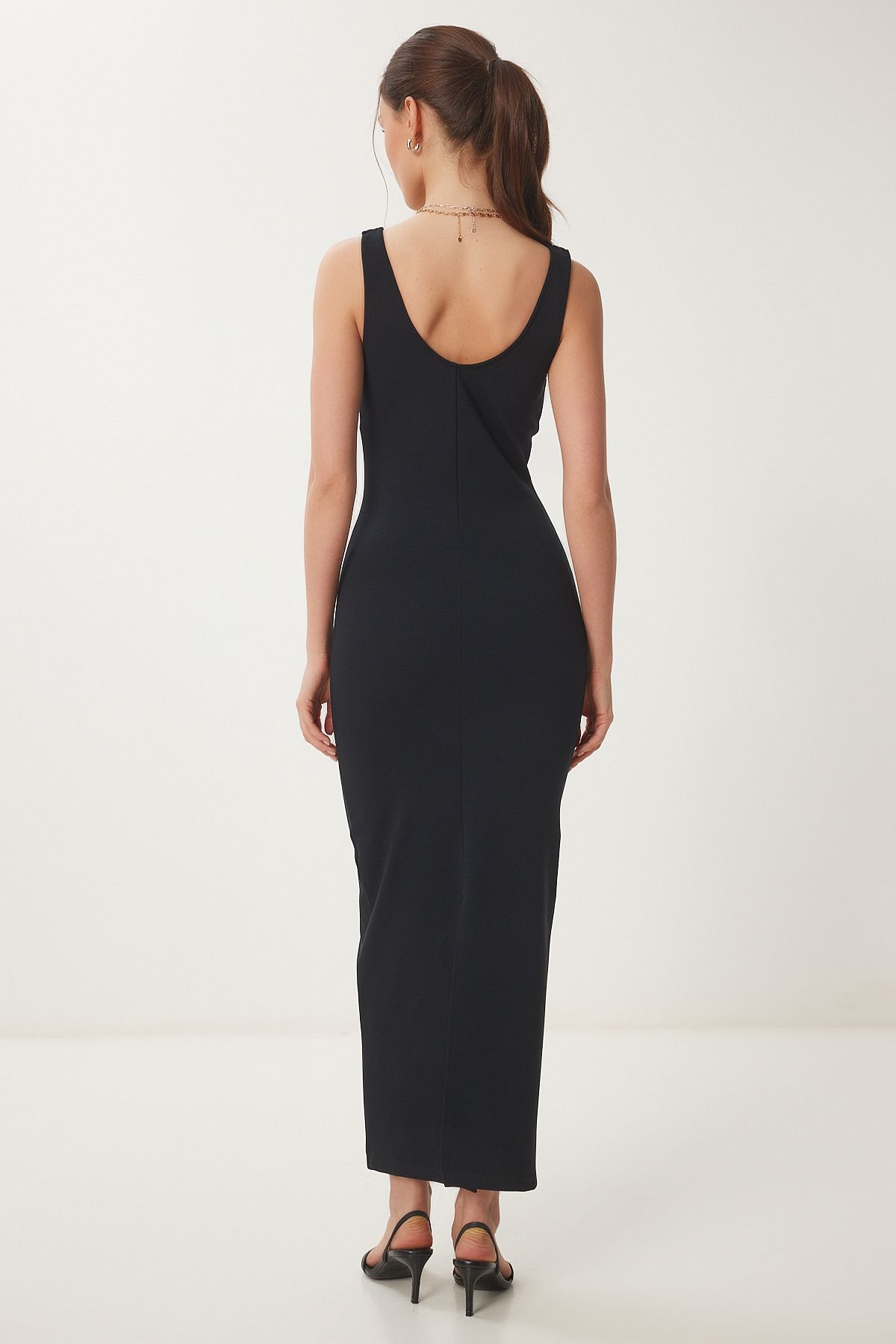 Siyah V Yaka Midi Örme Elbise UB00378