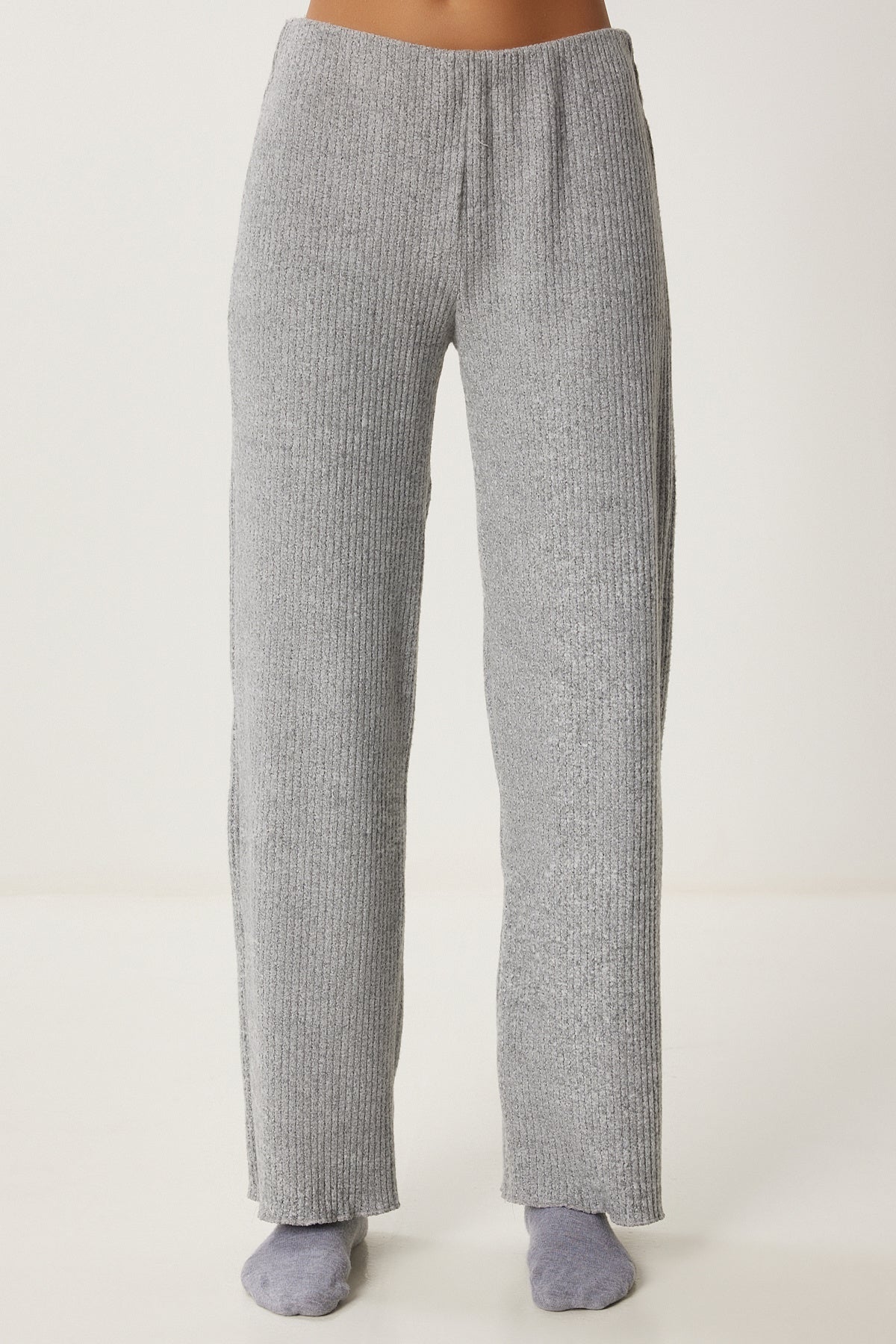 Gri Melanj Yumoş Crop Bol Pantolon Örme Takım AN00222