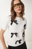 Ekru Fiyonklu Pamuklu Örme T-Shirt CR00453