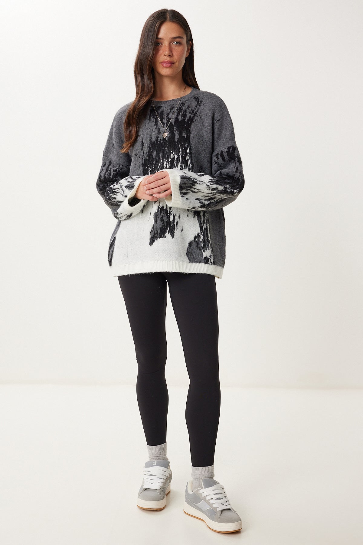 Antrasit Gri Desenli Oversize Triko Kazak Kİ00124