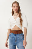 Kemik Balon Kollu Crop Dokuma Bluz RG00052