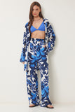 Mavi Kemik Desenli Viskon Kimono Pantolon Takım JE00002