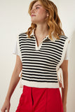 Krem Bağlamalı Çizgili Crop Triko Süveter MT00149