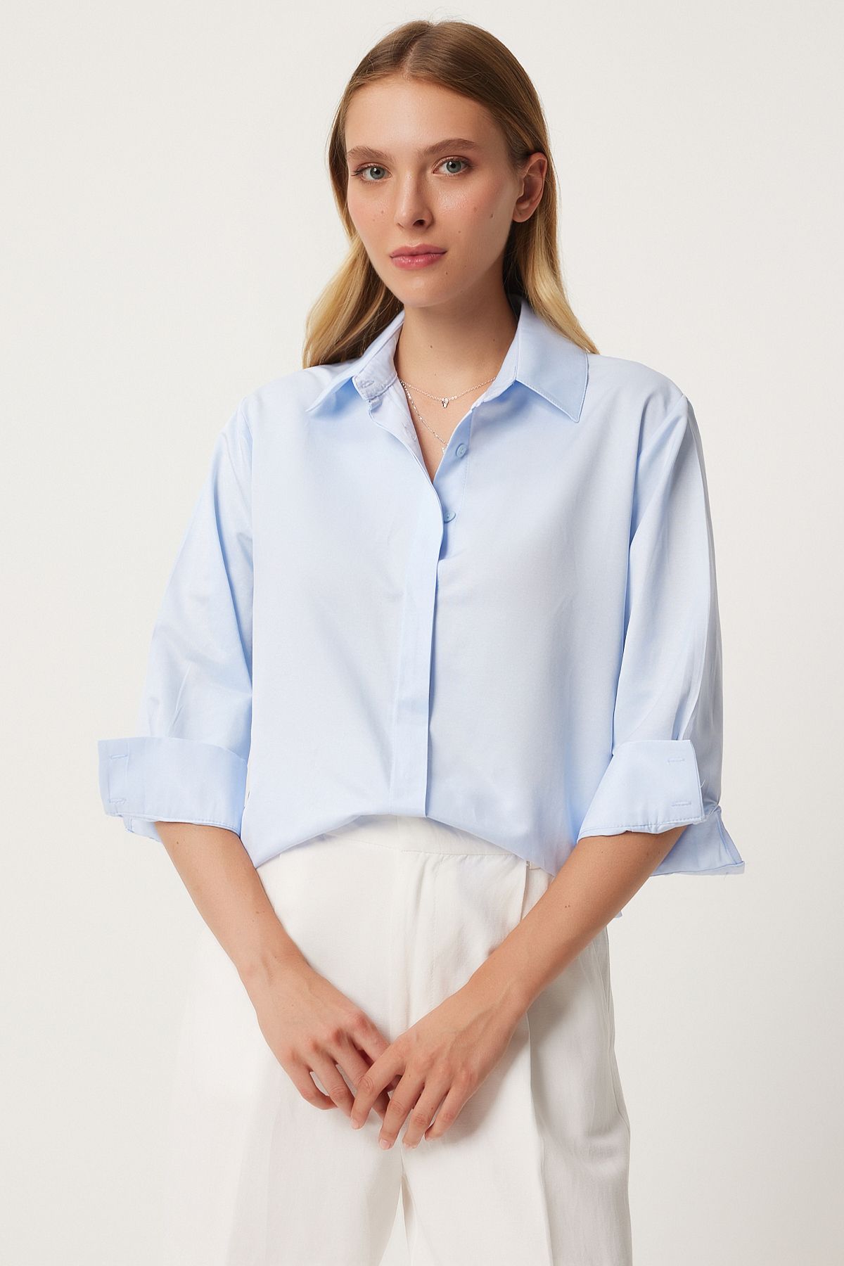 Gök Mavi Oversize Basic Gömlek  FN03260