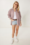 Bordo Gri Çizgili Oversize Dokuma Gömlek DP00259