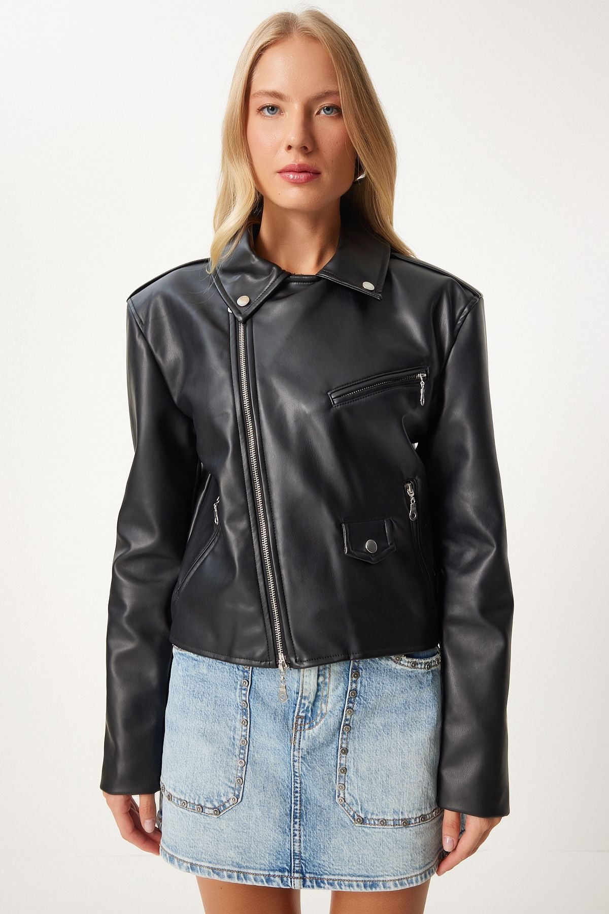 Siyah Suni Deri Crop Biker Ceket  FN03305