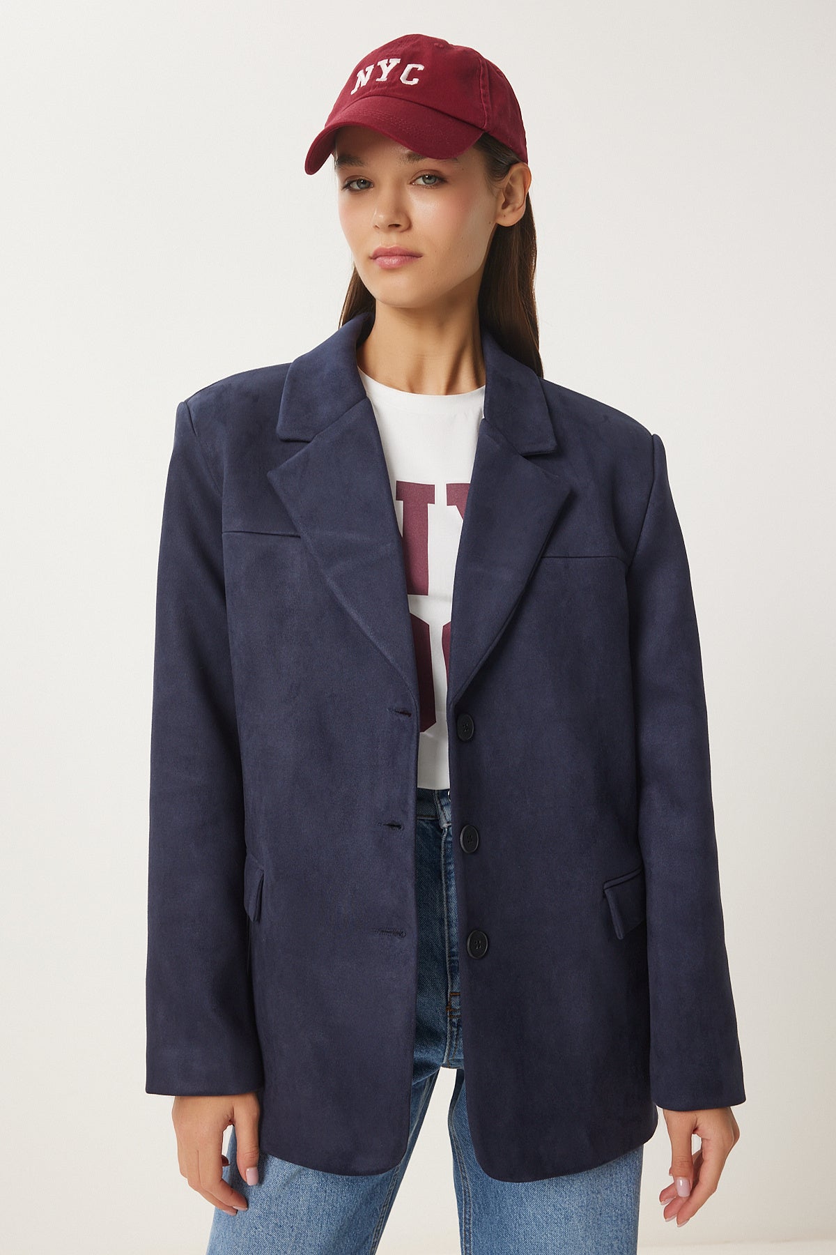 Koyu Lacivert Premium Süet Blazer Ceket FN03443