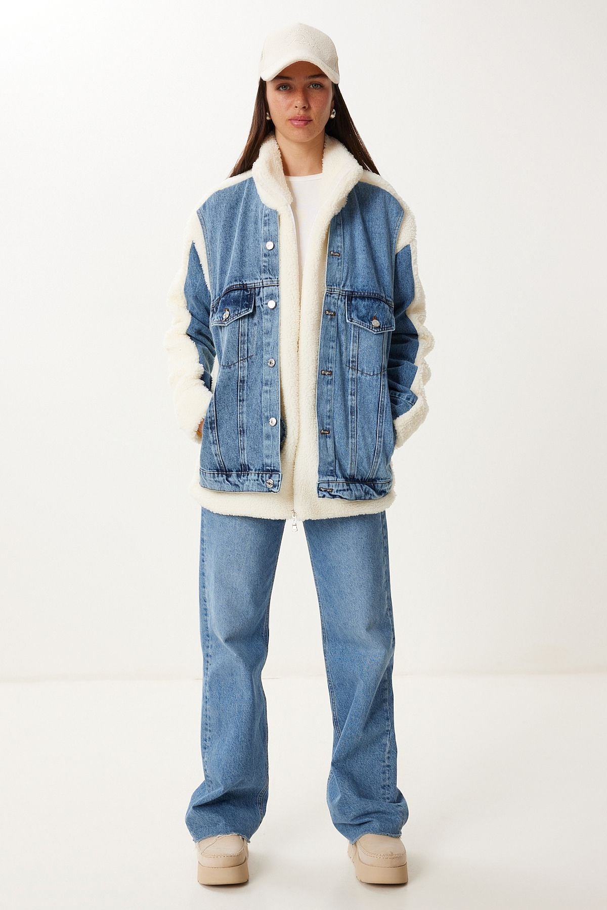 Kemik Mavi Denim Detaylı Peluş Ceket Mont DD01368