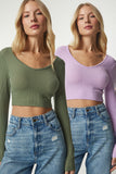 Haki Lila V Yaka 2'Li Paket Crop Bluz ub00177