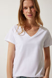 Beyaz V Yaka Basic Örme T-Shirt  UB00261