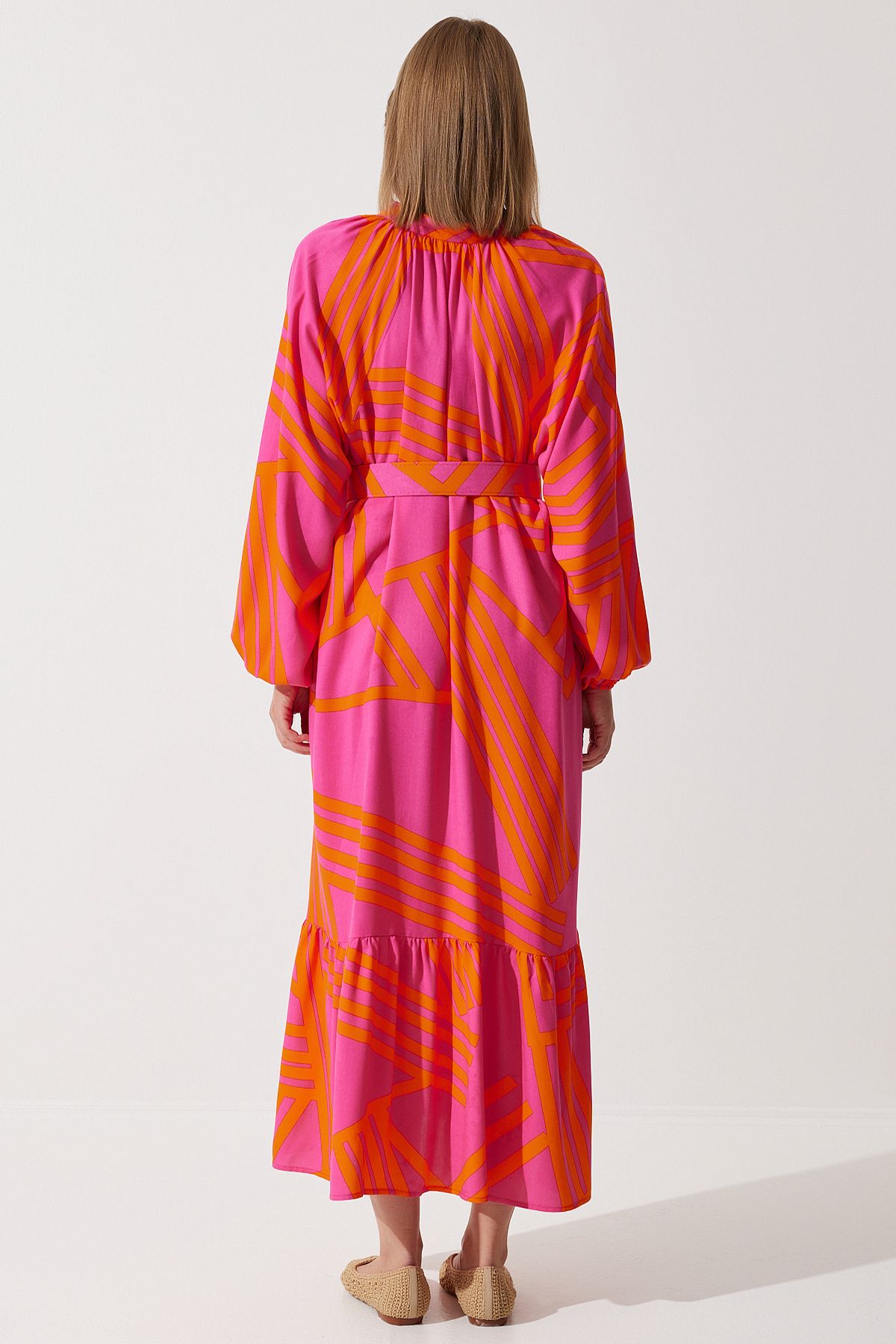 Oranj Kemerli Oversize Yazlık Viskon Elbise ZH00034
