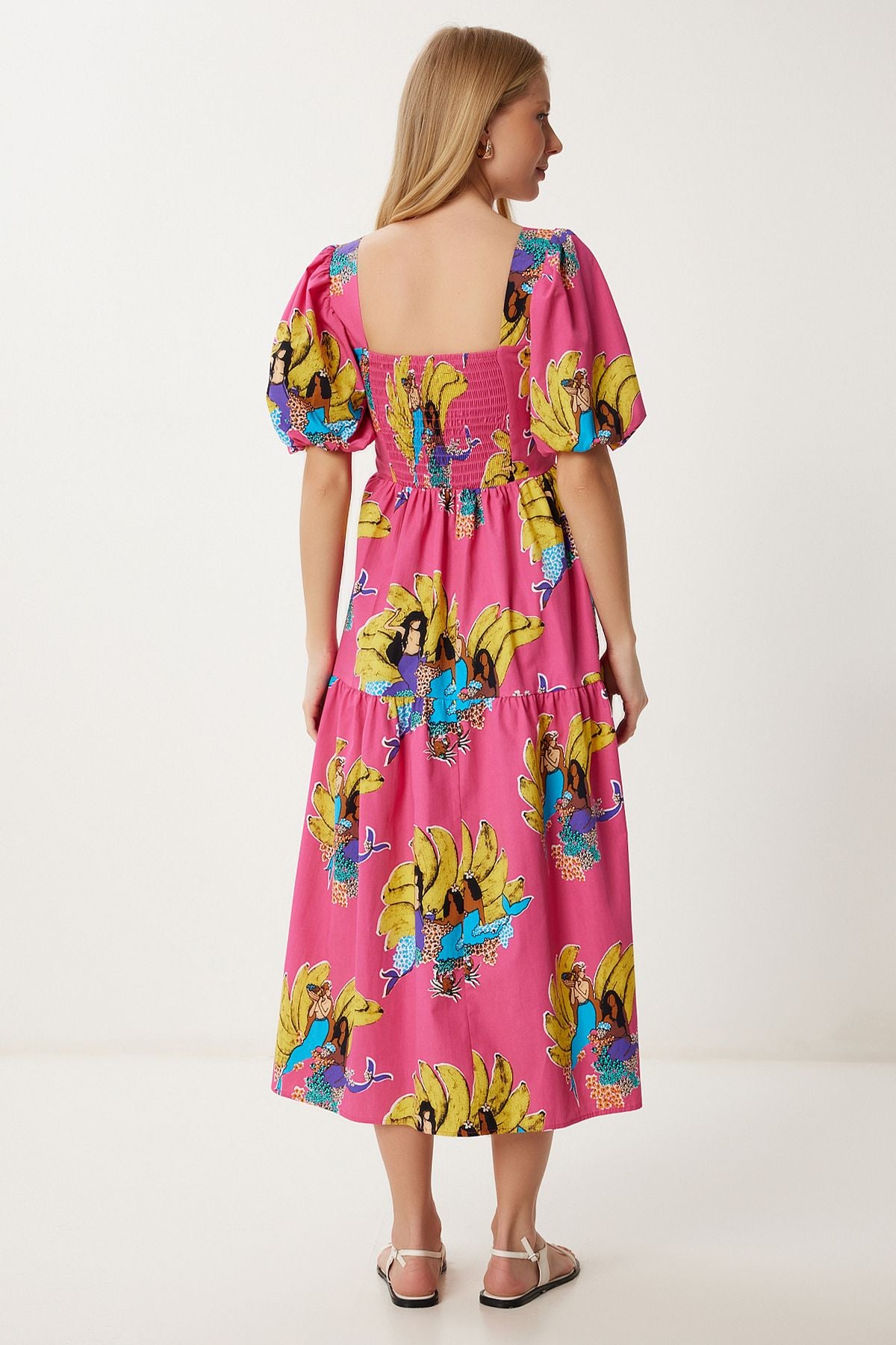 Pembe Sarı Desenli Yazlık Midi Poplin Elbise FK00017