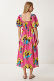 Pembe Sarı Desenli Yazlık Midi Poplin Elbise FK00017