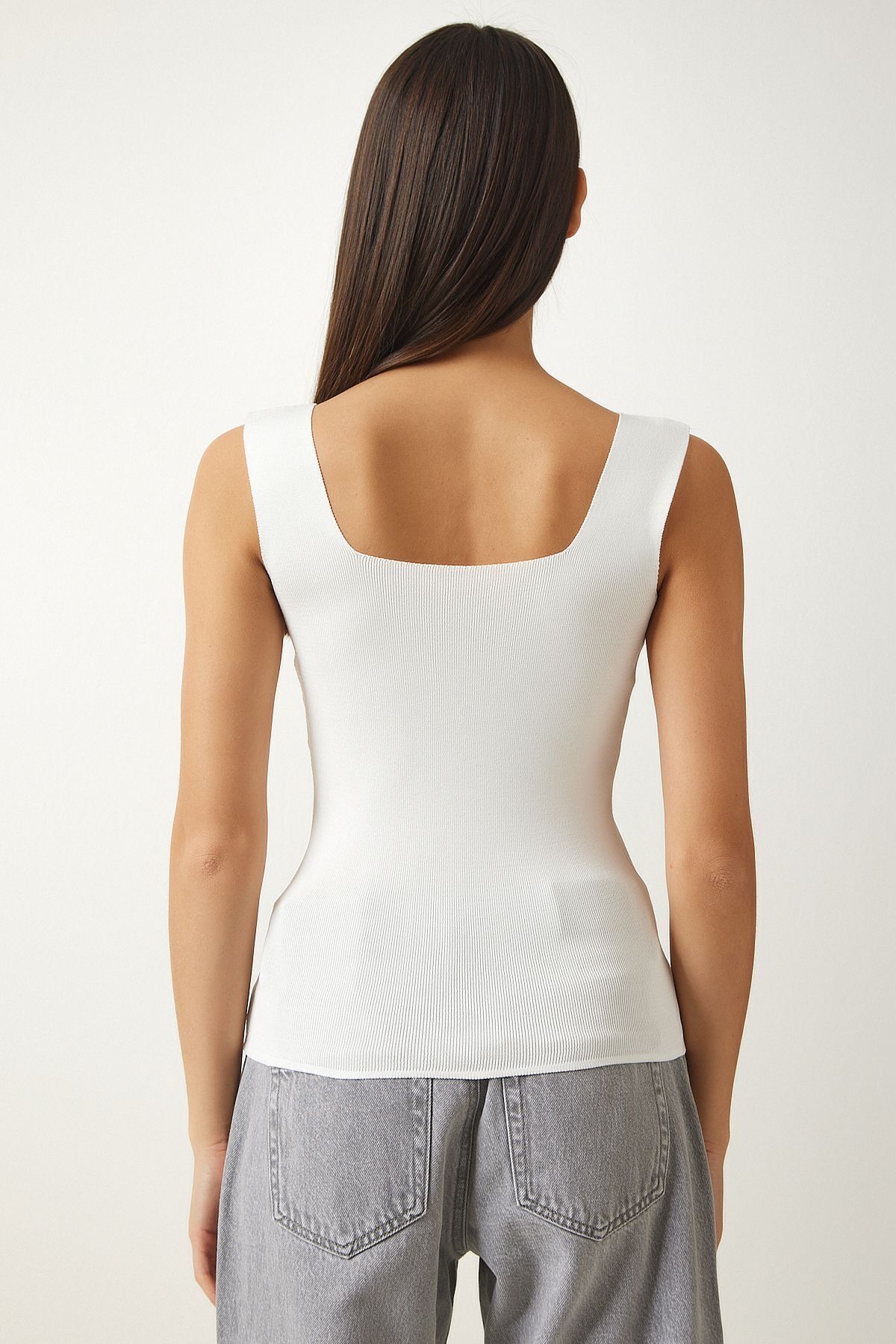 Beyaz Kare Yaka Triko Crop Bluz US00358
