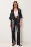 Siyah Kemik Desenli Krinkıl Örme Kimono Pantolon Takım İY00006