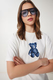 Ekru Ayıcık İşlemeli Pamuklu Oversize Örme T-Shirt CR00460