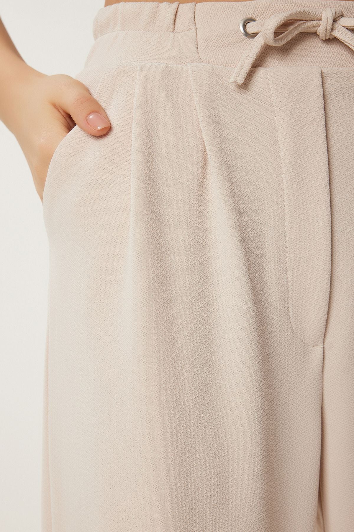 Krem Bol Paça Rahat Örme Pantolon RV00204