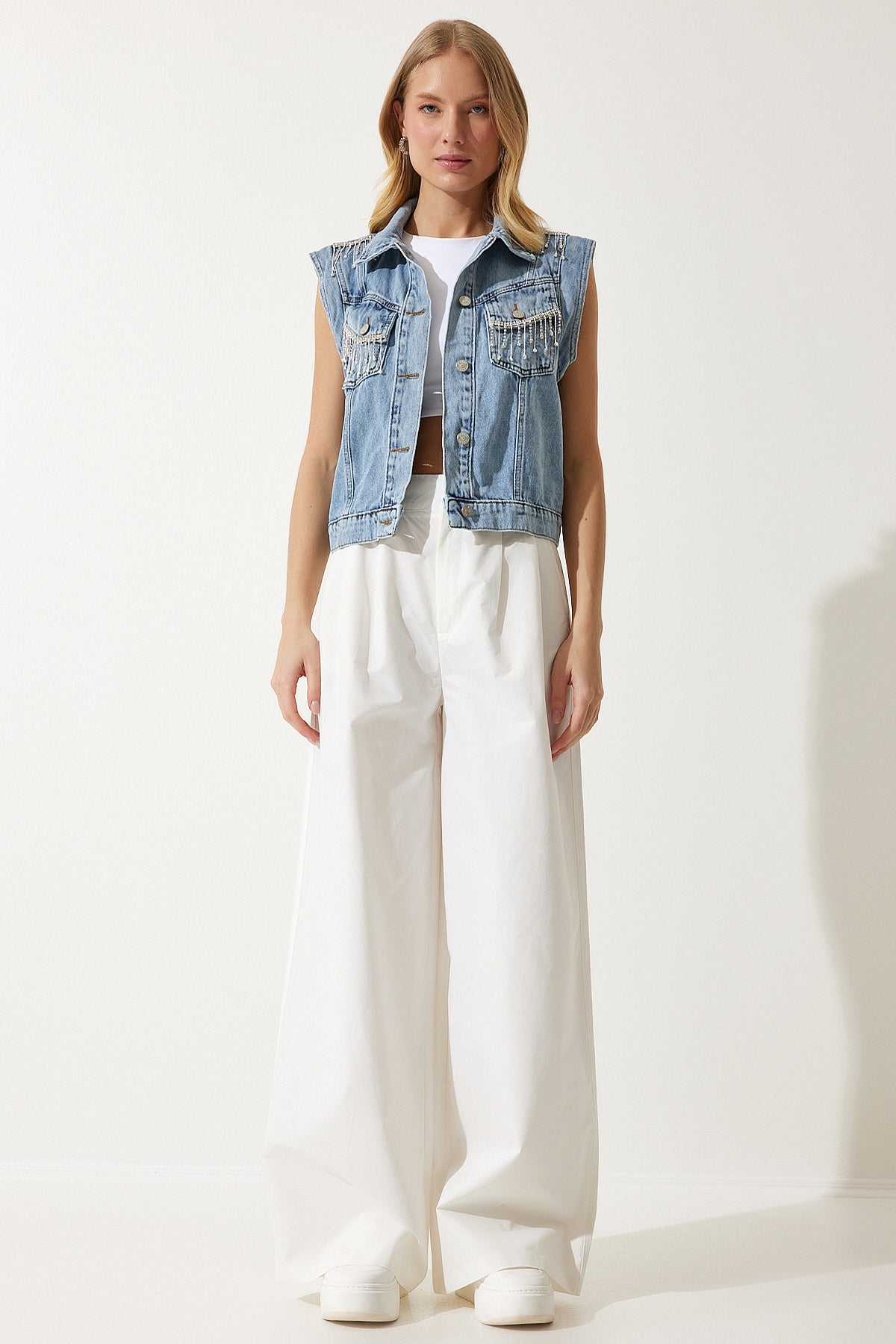 Mavi Şık Zincirli Denim Yelek RV00180