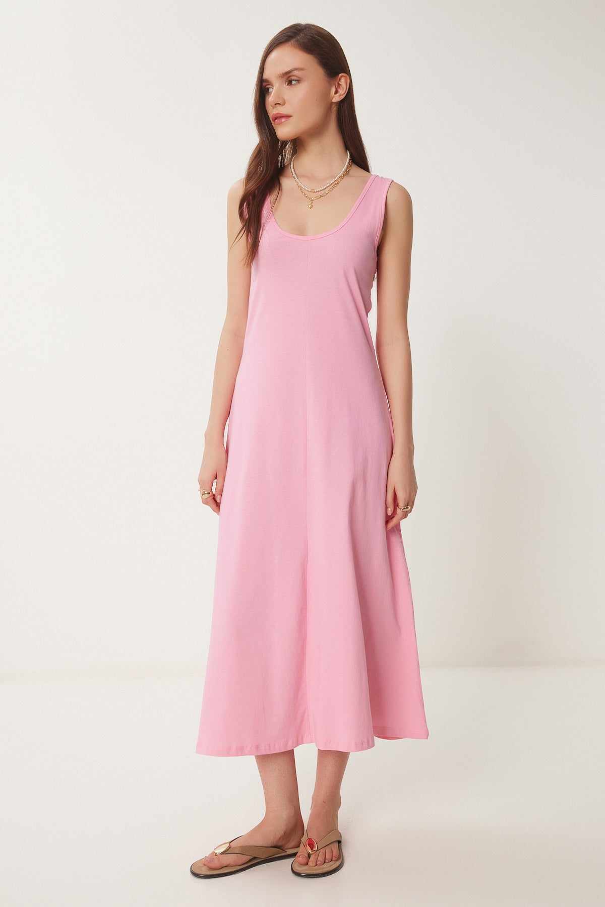 Pembe Kolsuz Basic Yazlık Örme Elbise CR00478