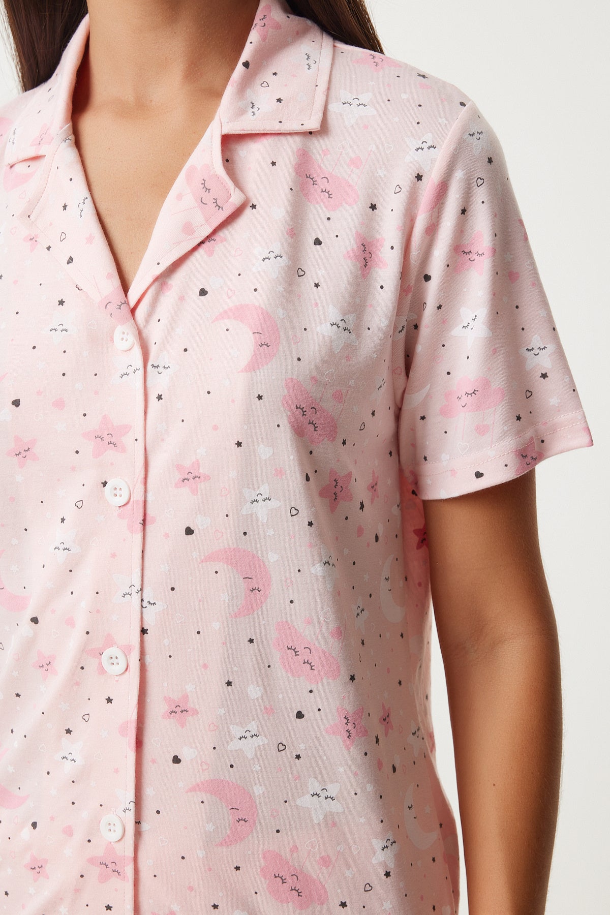 Açık Pembe Desenli Gömlek Pantolon Pijama Takımı EC00043