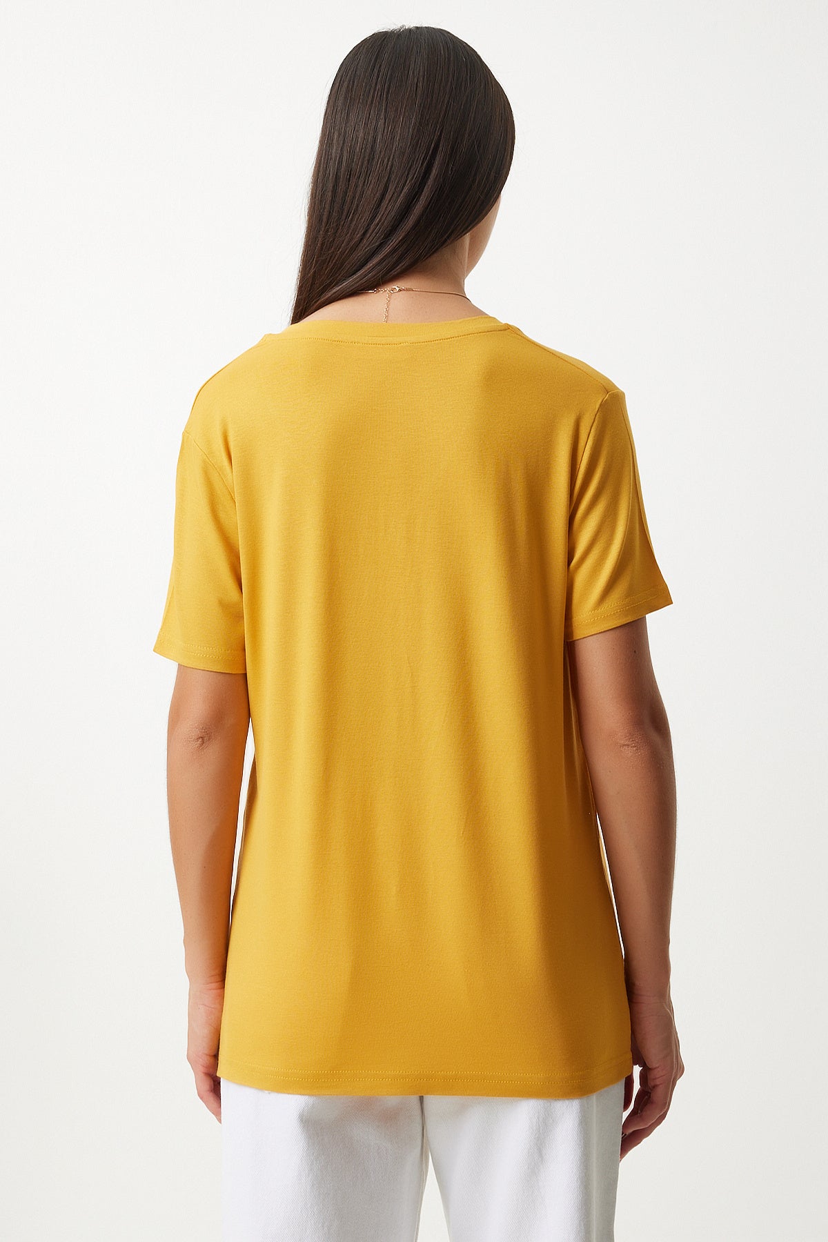 Sarı V Yaka Basic Viskon Örme T-Shirt EN00613