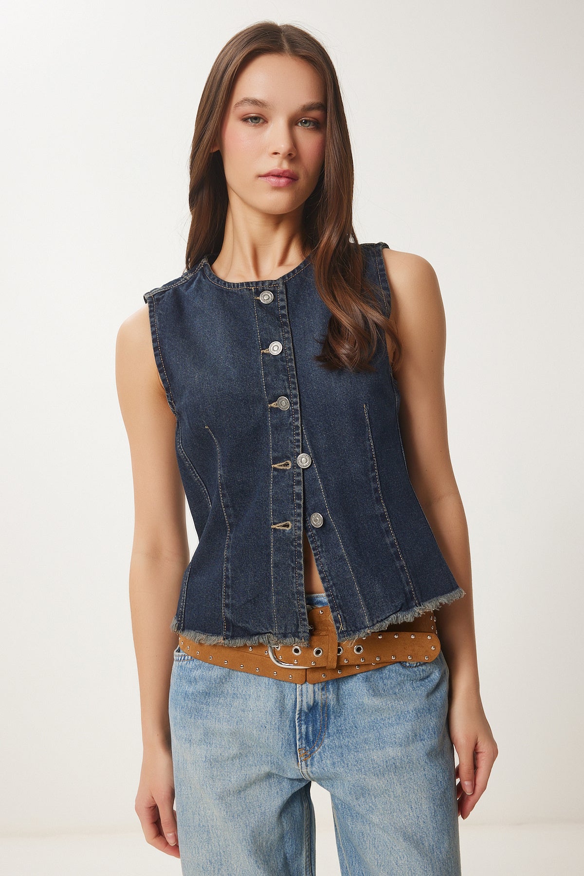 Koyu Lacivert Vücuda Oturan Denim Yelek NS00416