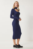Lacivert Cut Out Detaylı Dik Yaka Fitilli Triko Elbise FN03388