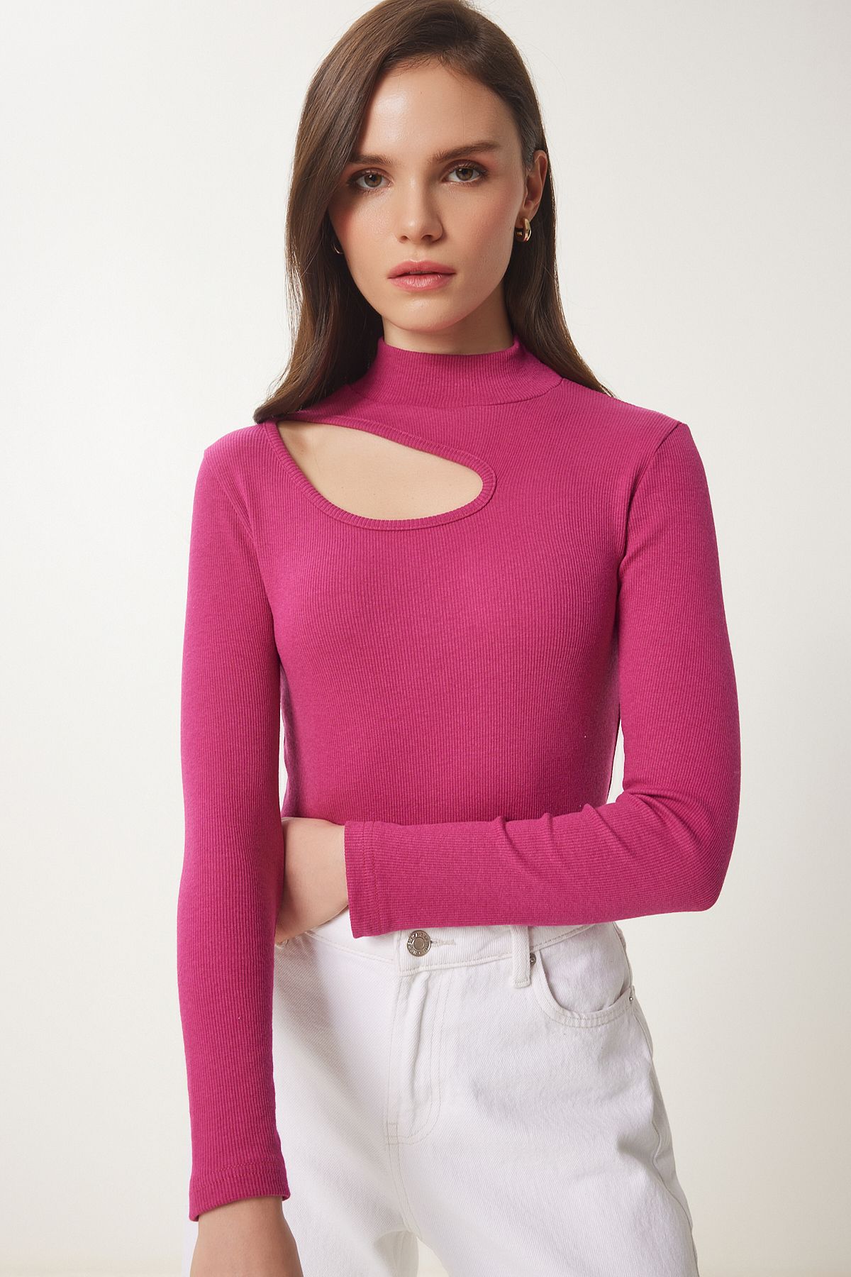 Açık Mürdüm Cut Out Detaylı Fitilli Örme Bluz GT00065