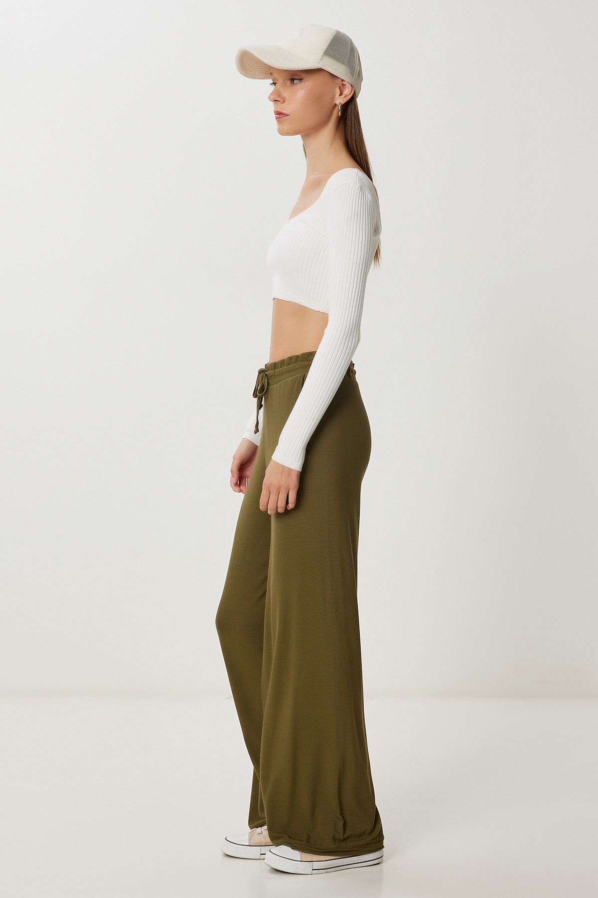 Haki Cepli Geniş Paça Örme Pantolon UB00470
