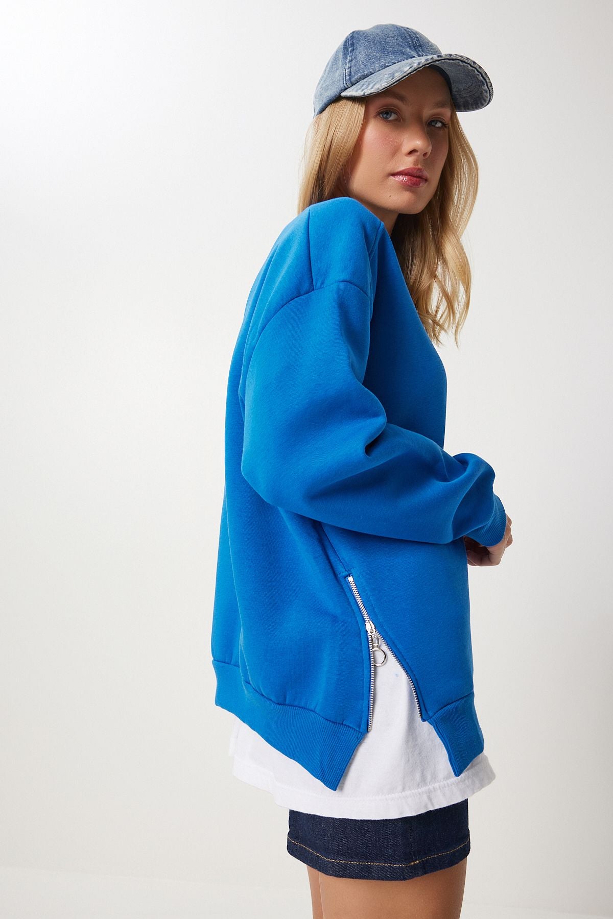 Koyu Mavi Fermuar Detaylı Şardonlu Örme Sweatshirt UB00148