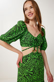 Yeşil Siyah Desenli Crop Bluz Etek Takım FK00033