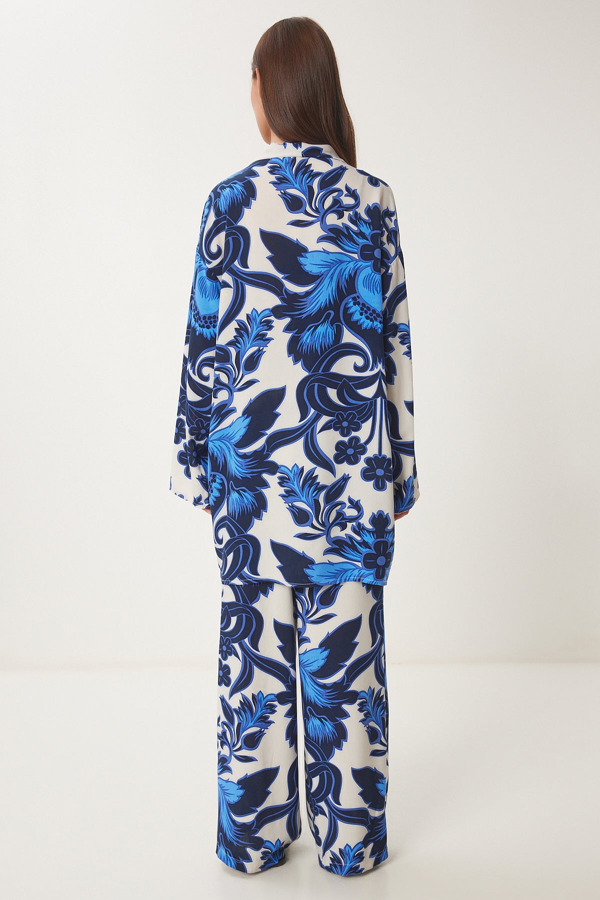 Mavi Kemik Desenli Viskon Kimono Pantolon Takım JE00002