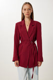Bordo Vatkalı Kemerli Blazer Dokuma Ceket KT00023