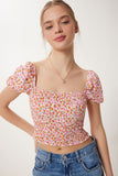 Pembe Krem Çiçekli Büzgülü Carmen Yaka Crop Örme UB00081