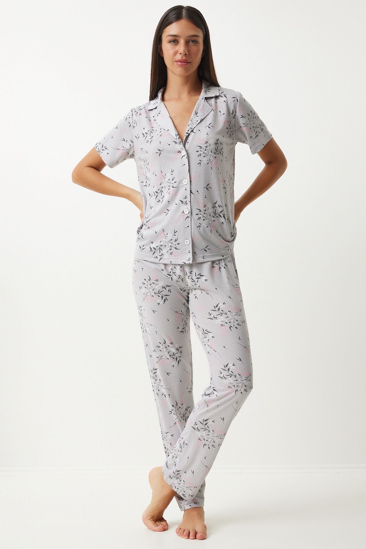 Gri Desenli Gömlek Pantolon Pijama Takımı EC00043