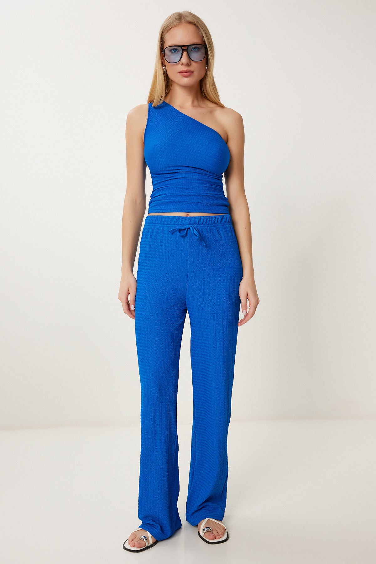 Mavi Dokulu Esnek Bluz Pantolon Takım ZV00309