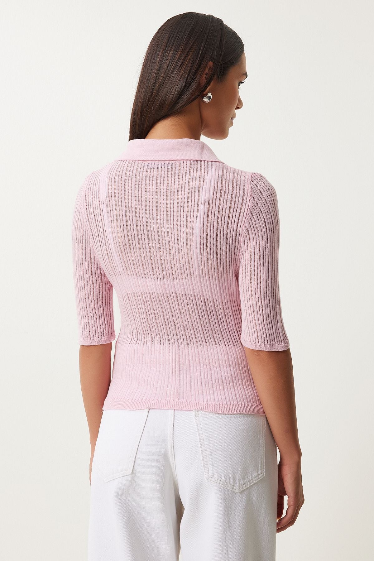 Pembe Polo Yaka Hafif Transparan Triko Bluz  FN03211