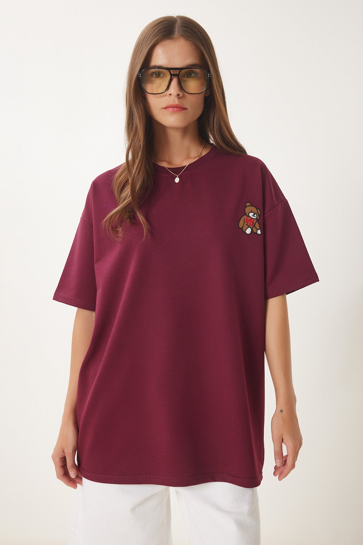 Bordo Ayıcık İşlemeli Oversize Örme T-Shirt ZV00286