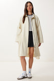 Krem Fermuarlı Oversize Dokuma Trençkot FG00052