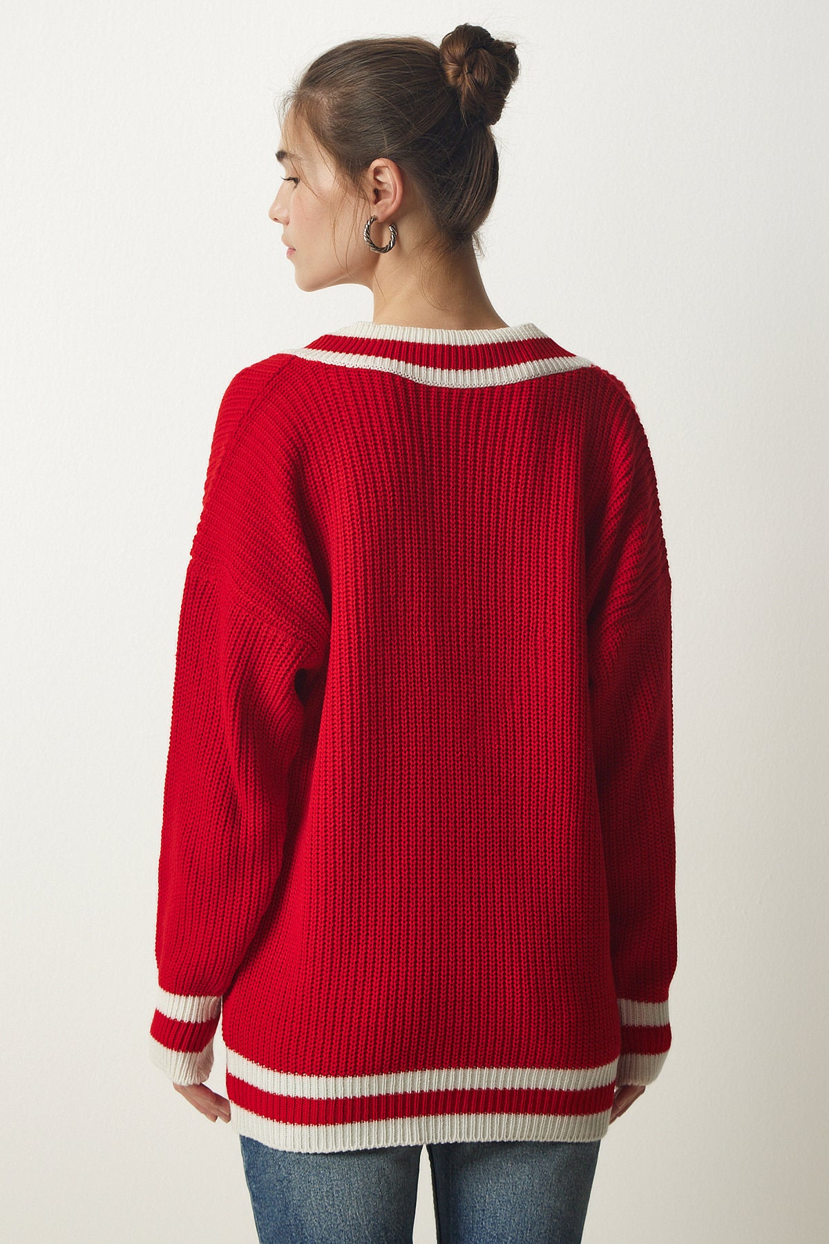 Kırmızı V Yaka Şerit Detaylı Oversize Triko Kazak YY00191